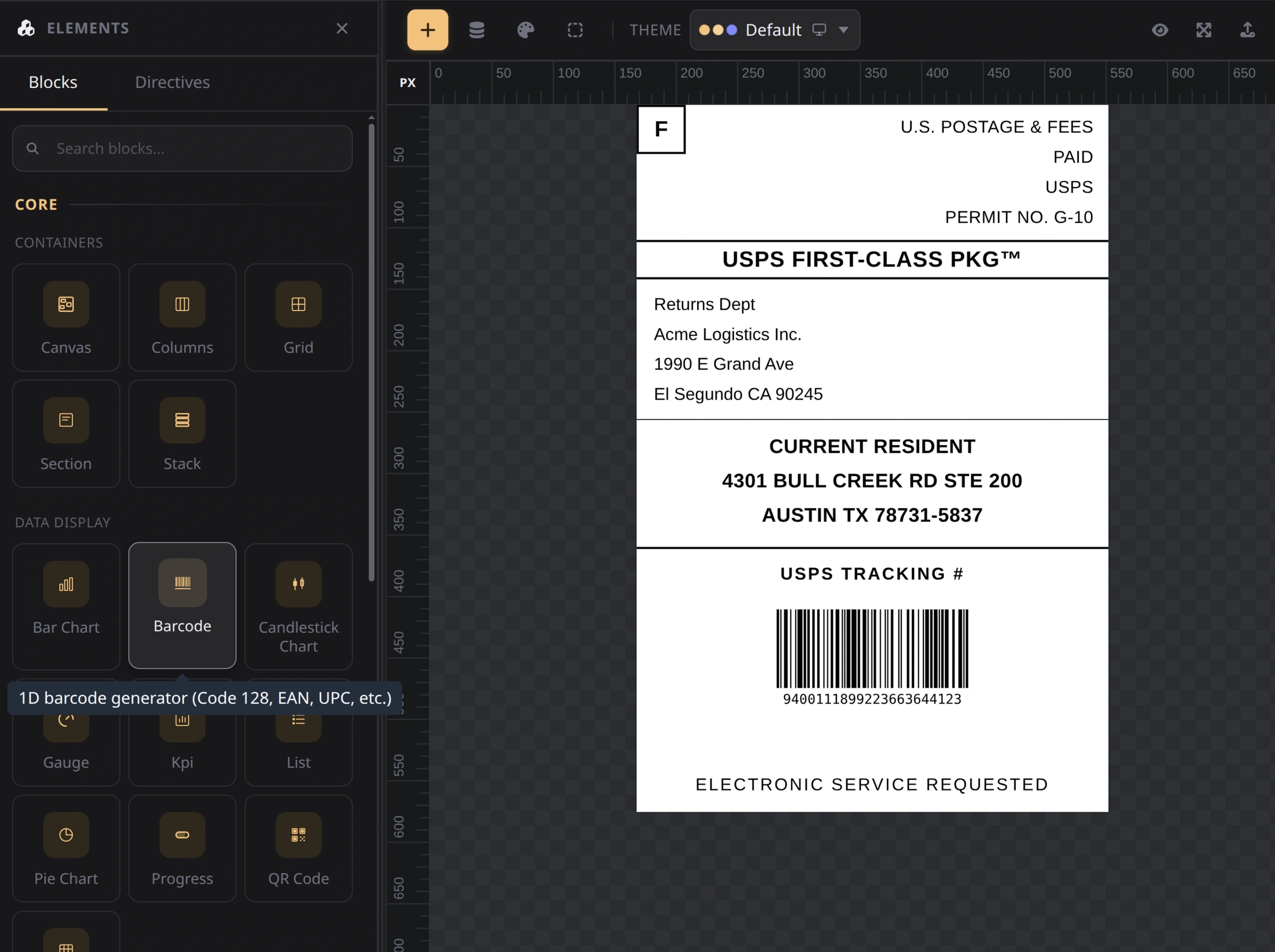 GoldenReports block library showing charts, KPI, table, and other components