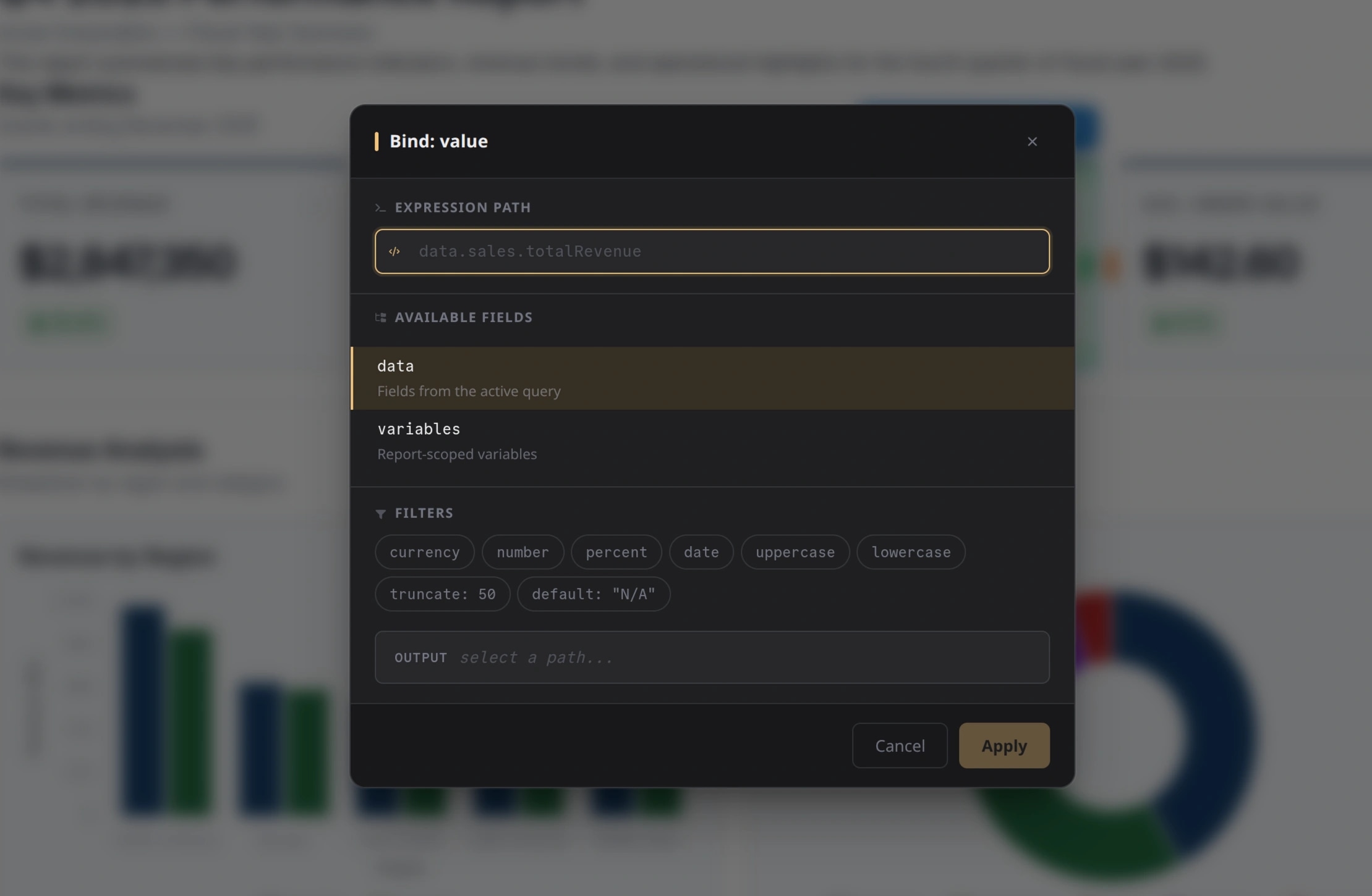 GoldenReports GraphQL query builder with field selection and generated query panel
