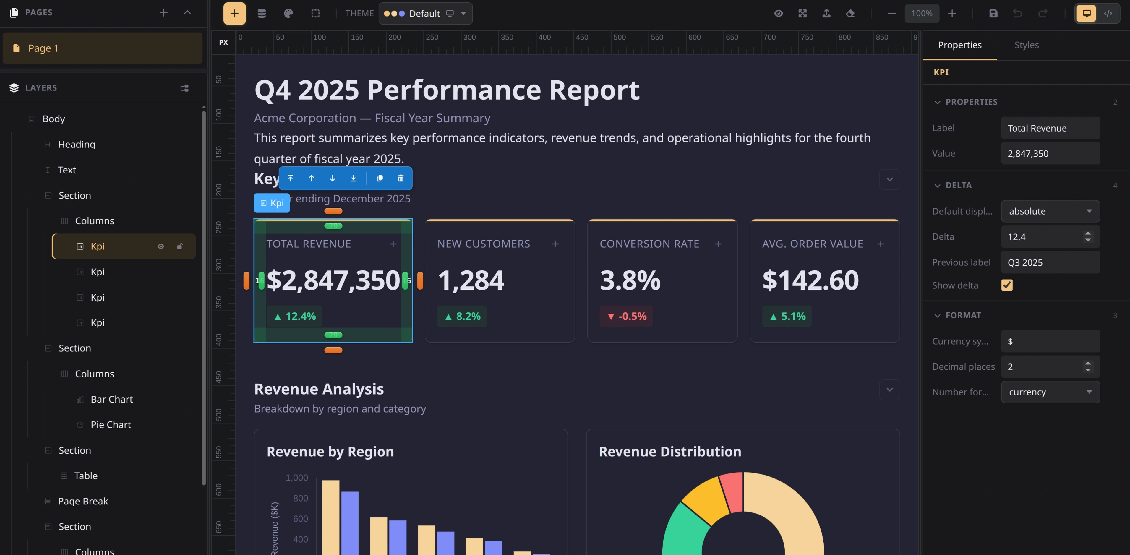 GoldenReports visual editor with layers panel and design canvas