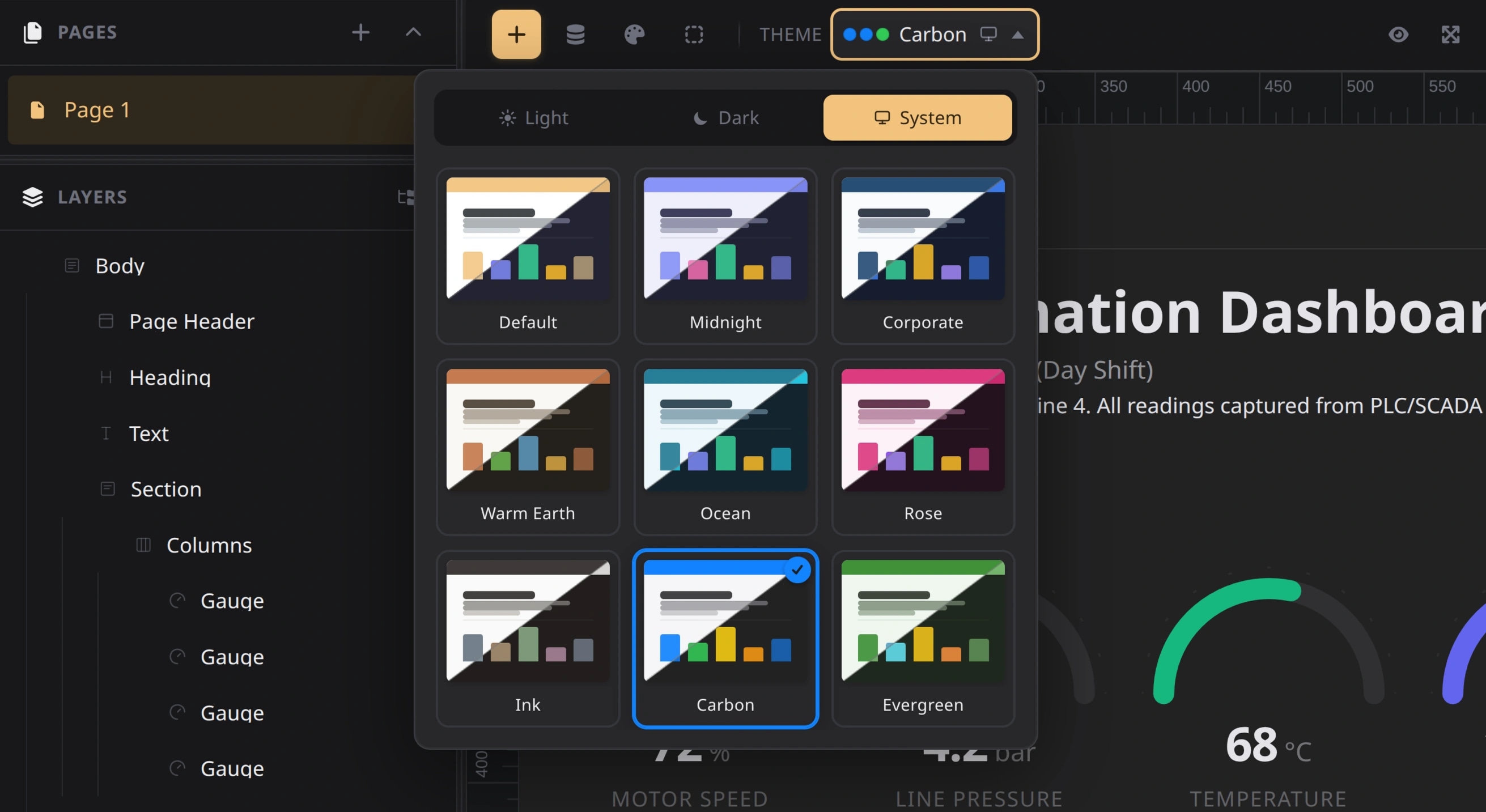 GoldenReports theme picker showing 9 themes applied to a live report